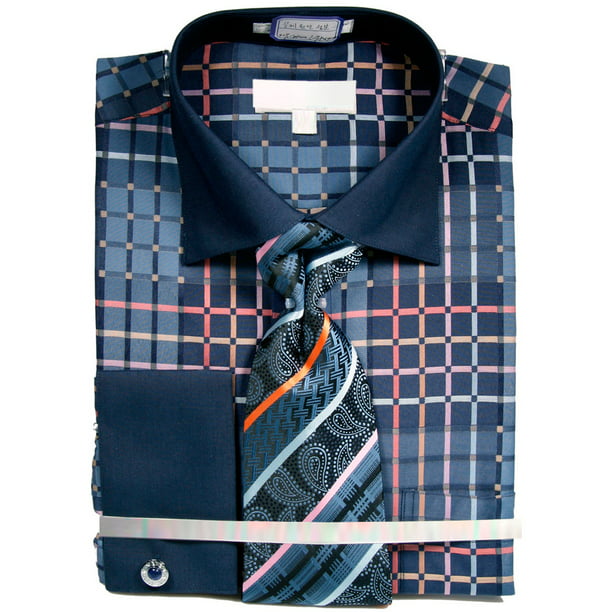 Men's Checkered Pattern Tone on Tone Shirt French Cuffs Tie Hanky Cufflinks